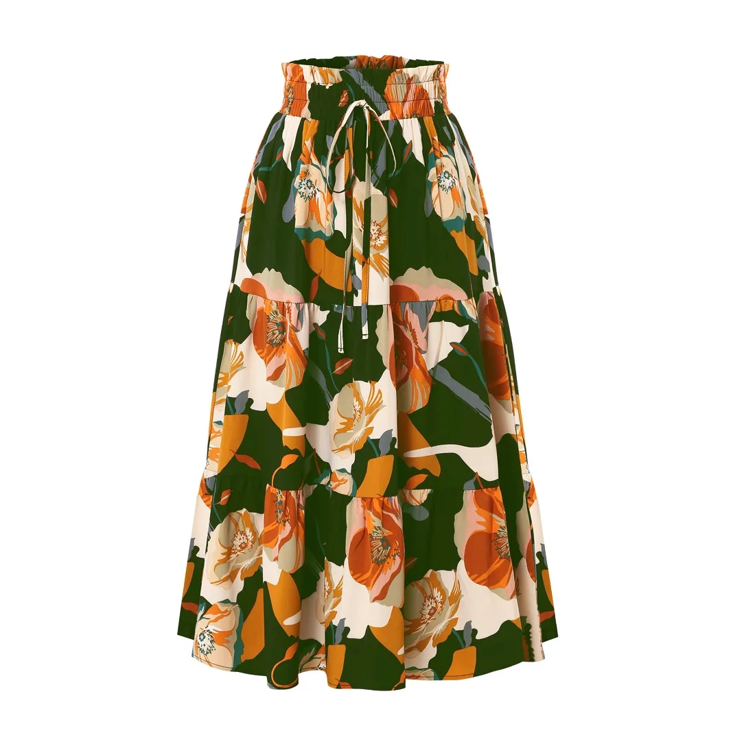 Women's Boho Floral Print Maxi Skirt High Waist Tiered Ruffle A-Line Skirt Self Tie Belt Stylish Casual Summer Vacations Outfit