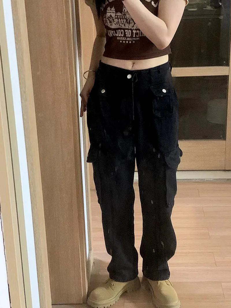 2000s Gothic Black High Waist Workwear Jeans For Women Casual Hip Hop Wide Leg Denim Pants Y2k Harajuku Aesthetic Trousers 90s