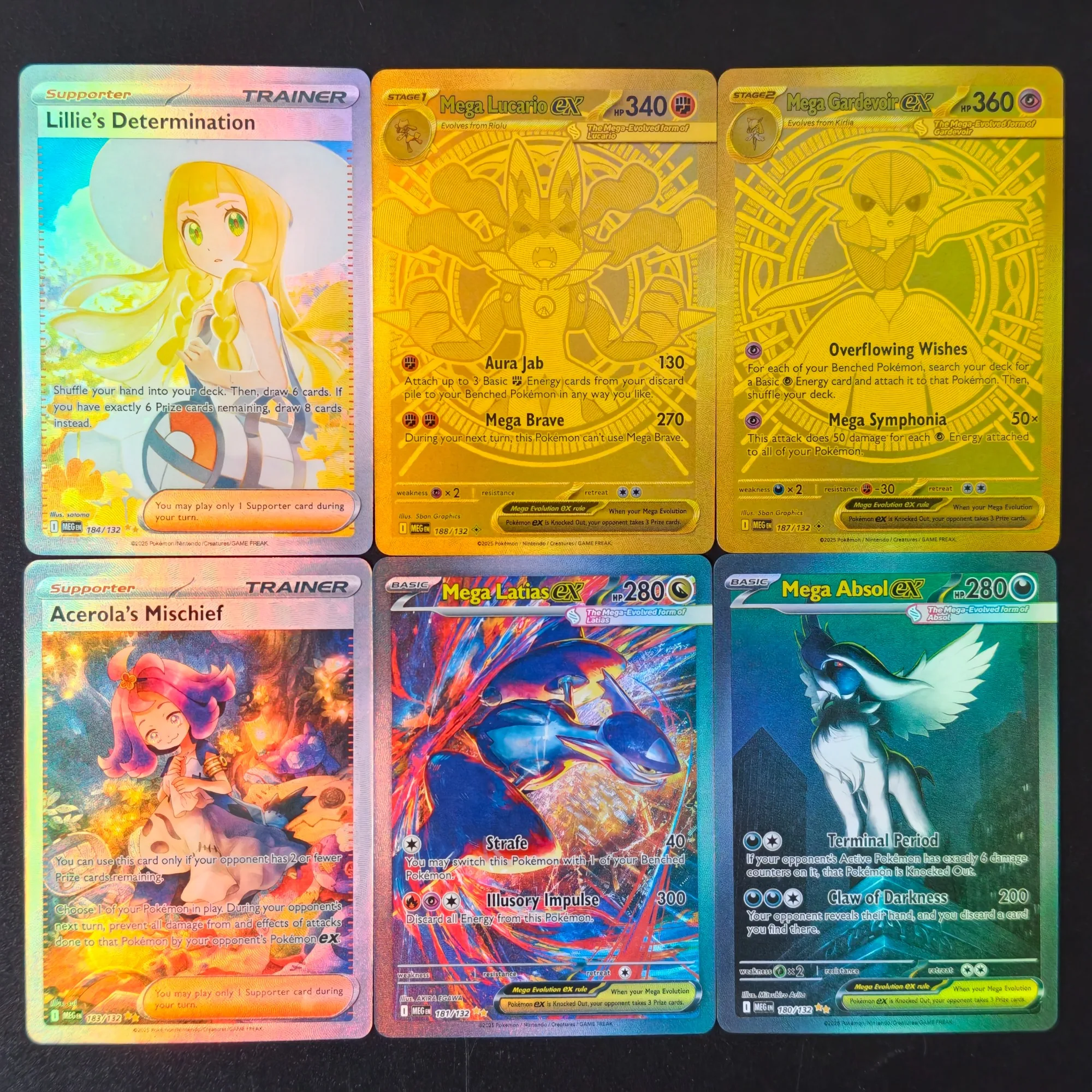 Cartes Proxy PTCG Pokémon MEG Gold Evolution Holo : Lillie Détermination, Lucario, Gardevoir, Mega Latias – Cartes de Collection
