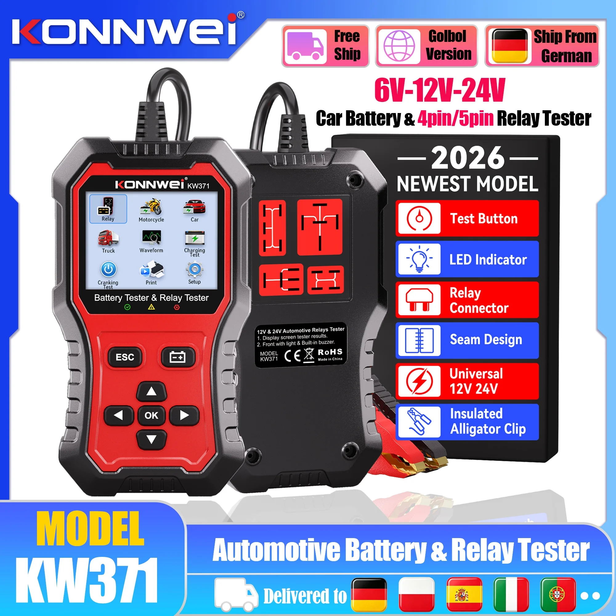 2026 KONNWEI KW371 2-in-1 Autobatterie-Tester/Relais-Tester 6V-12V-24V Lade-/Starttest für Autos