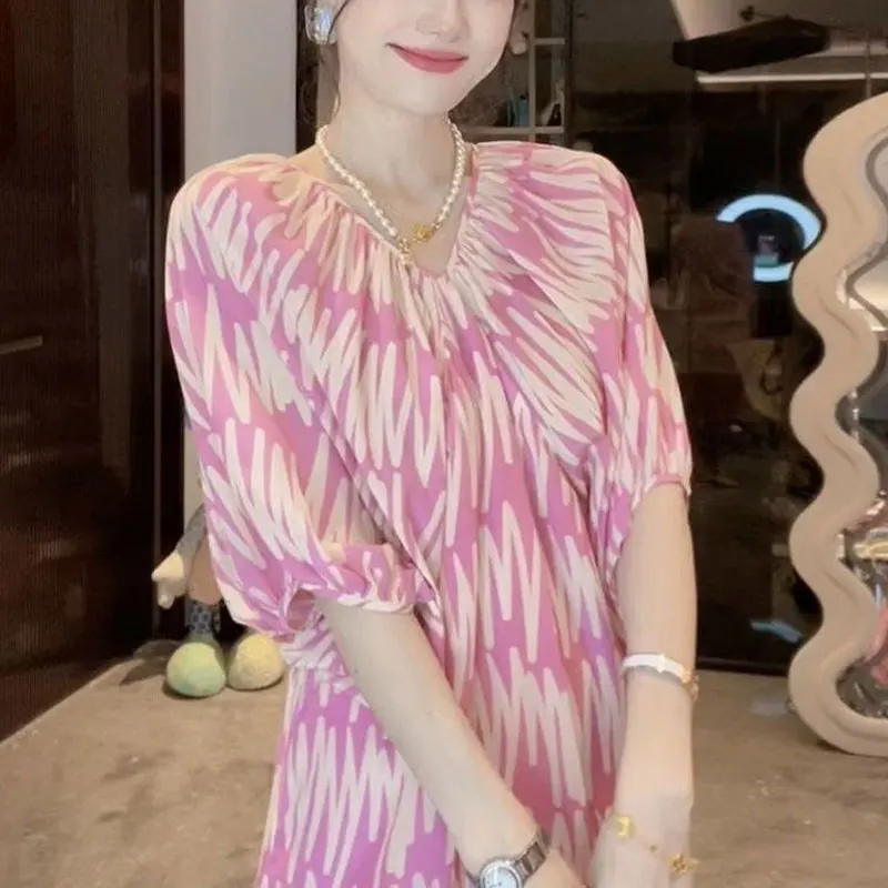 Commute Casual Puff Sleeve Loose Dresses Female Clothing Fashion Printed Summer New Drawstring Elegant V-Neck A-Line Midi Dress