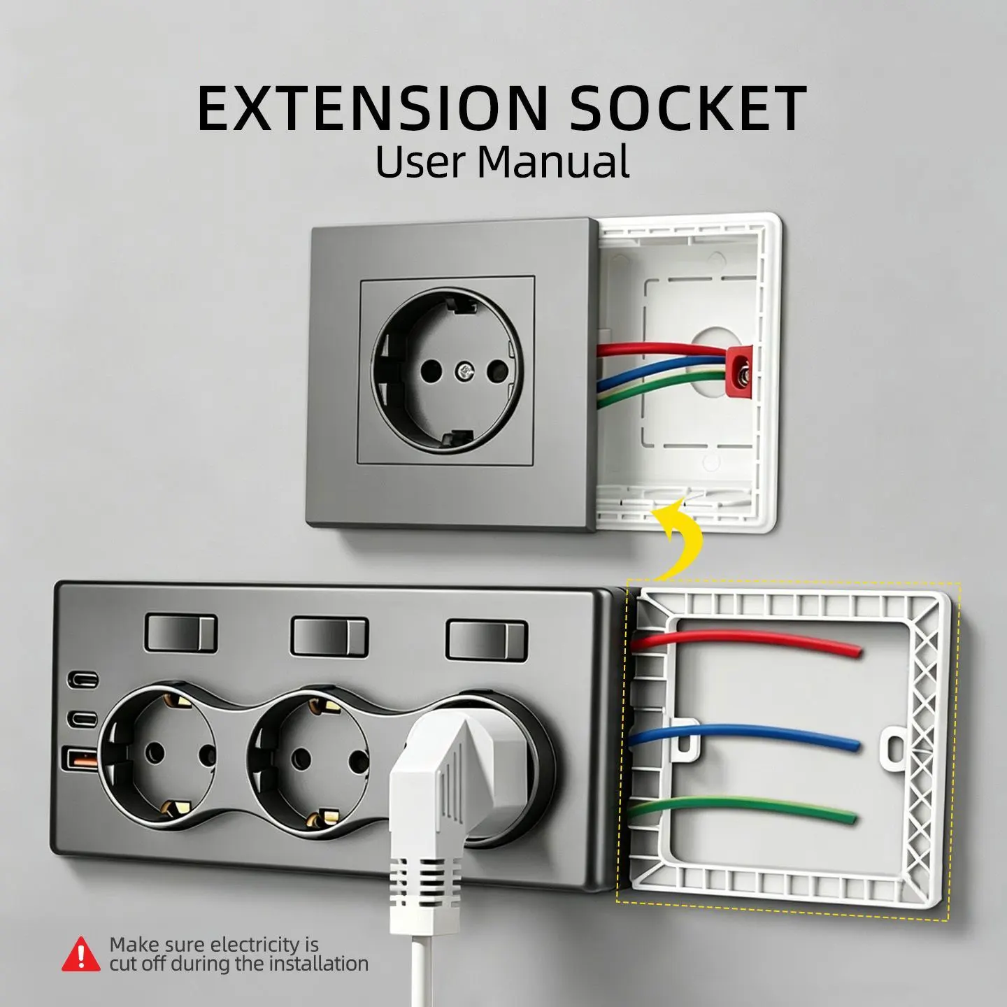Multi-Function European Standard Extension Socket with USB Type-C Fast Charging Converter Home Use Electrical Adapter Board