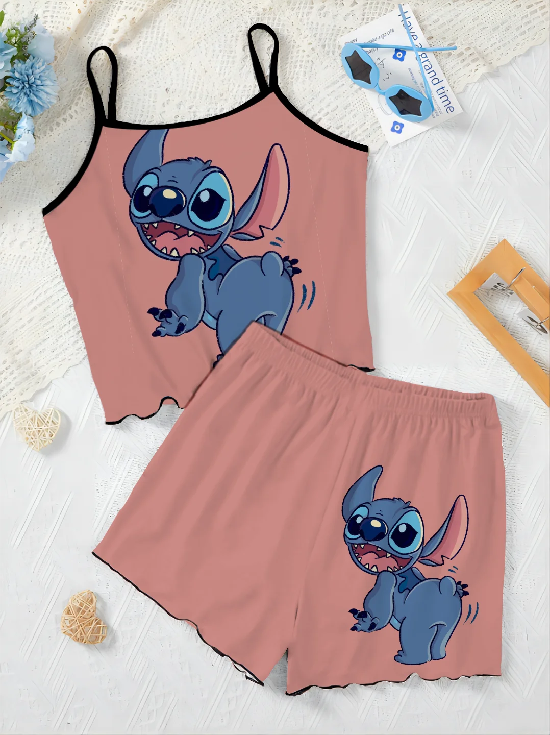 Stitch Top T-shirt Krótkie zestawy dla kobiet 2-częściowe wykończenie sałaty Disney Garnitur damski Sukienka na ramiączkach Elegancki 2-częściowy Luksusowy dom Disney