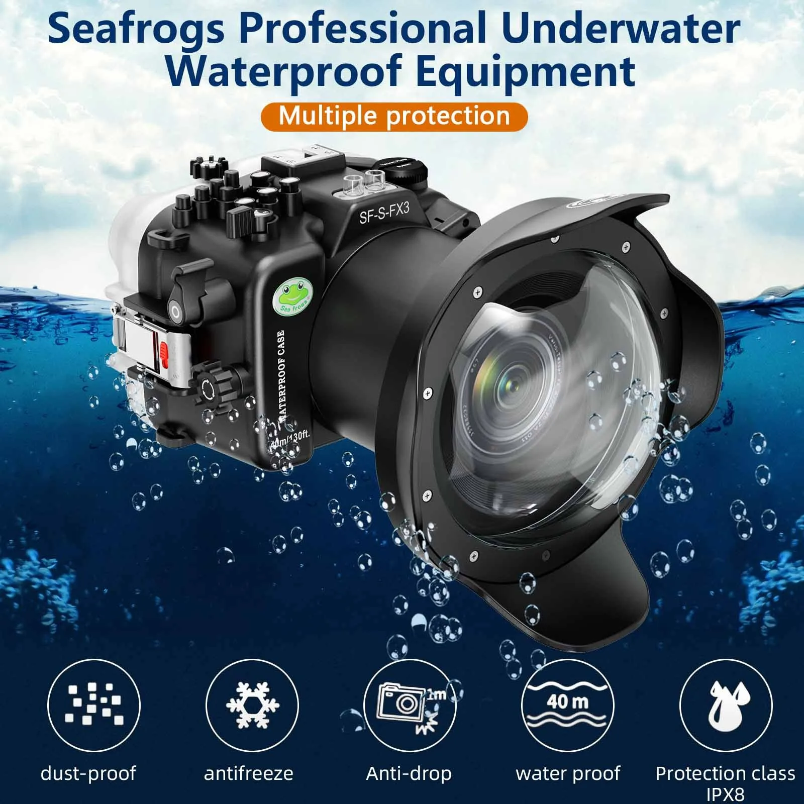 Seafrogs 40M/130FT Underwater Camera Housing WaterProof Case for Sony Alpha FX3 ILME-FX3