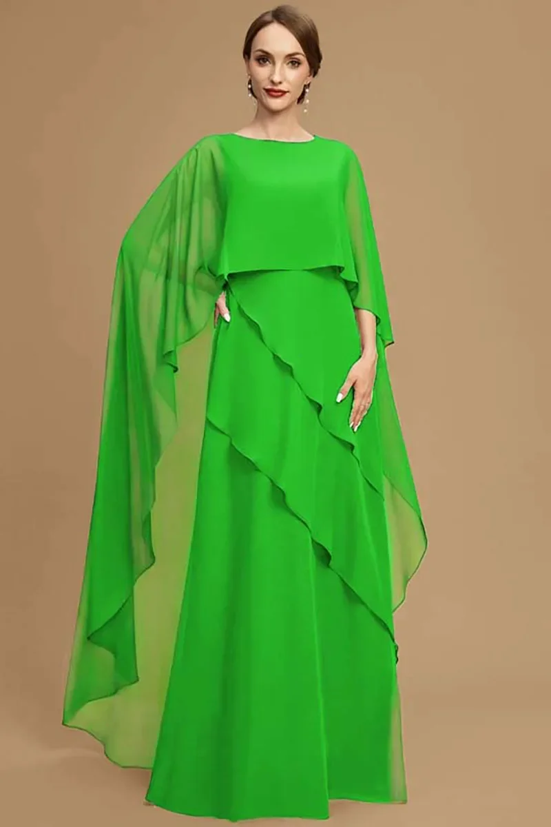 Elegant Women Party Dress Chiffon Batwing Cape Sleeve Tiered Asymmetric Trim O-Neck Gowns Cocktail Wedding Guest Long Dress