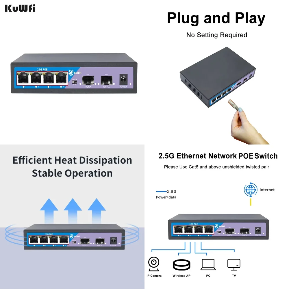 

High Speed 10G SFP Port Mini 4 Port 2.5G PoE Switch for Monitoring Systems MDI MDIX KuWFi for Network Video CCTV