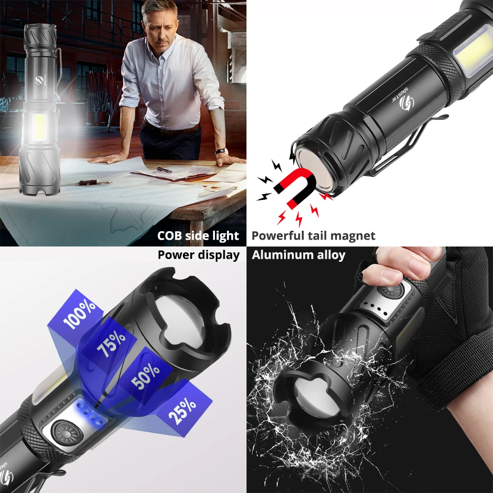 Powerful XHP160 LED Flashlight with Side COB Light Super Bright Torch Support Zoom Waterproof Adventure Camping Light