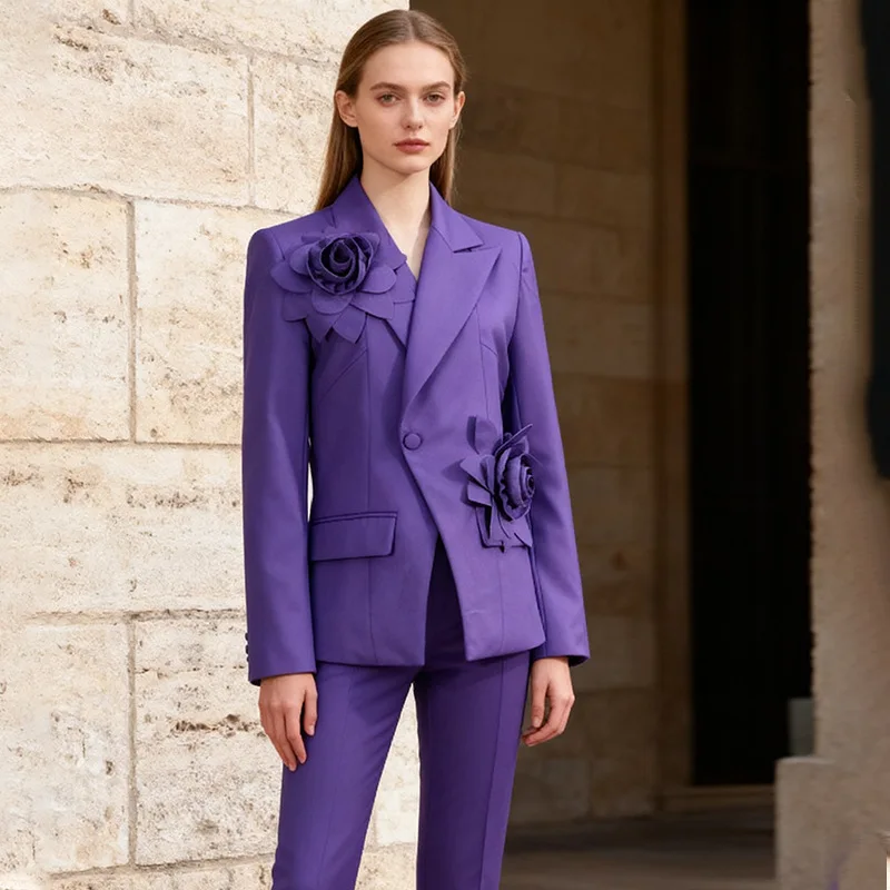 

Женский элегантный повседневный модный асимметричный пиджак, осенний фиолетовый 3D цветочный декор на одной пуговице
