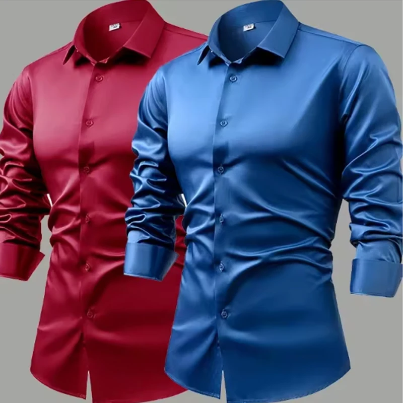 

Мужская шелковая рубашка, темно-синяя гладкая рубашка с длинными рукавами, не требует глажки, из ледяного шелка, деловая Повседневная рубашка, весна-осень