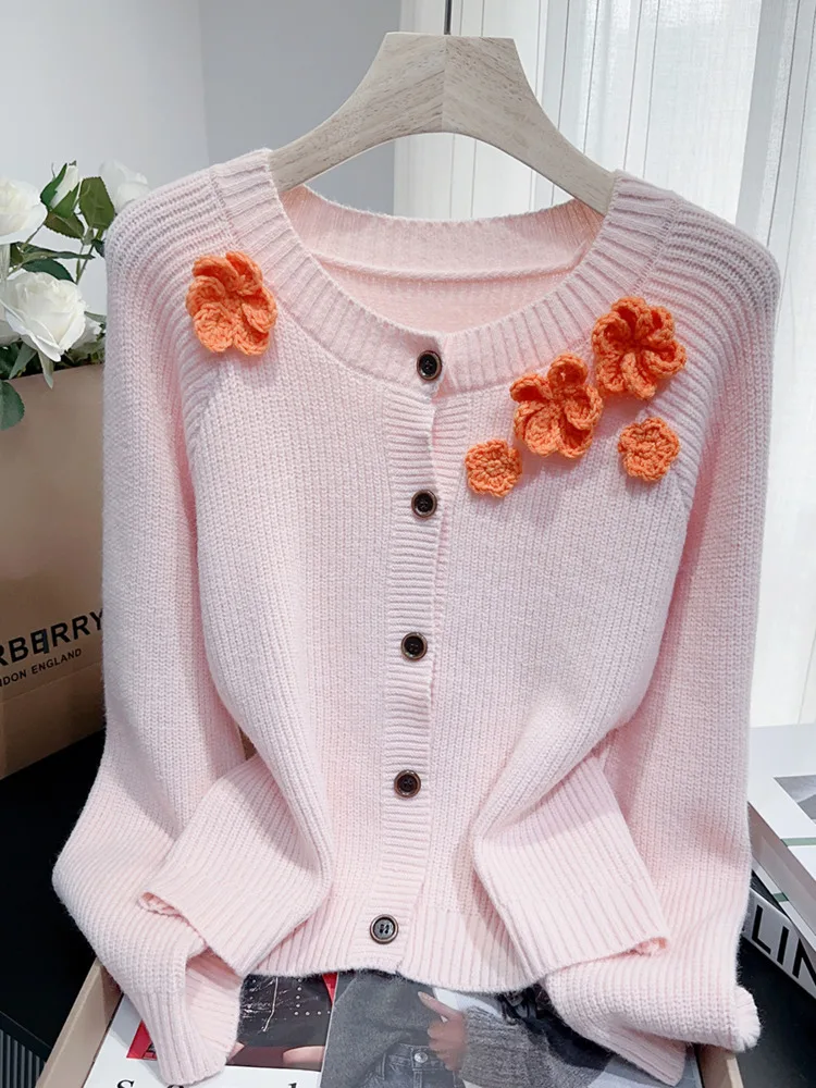 

2025 Autumn Winter New Design Sense Three-Dimensional Flower Sweater Coat For Women Loose Gentle Sweet Knitted Sweater Mujer Top