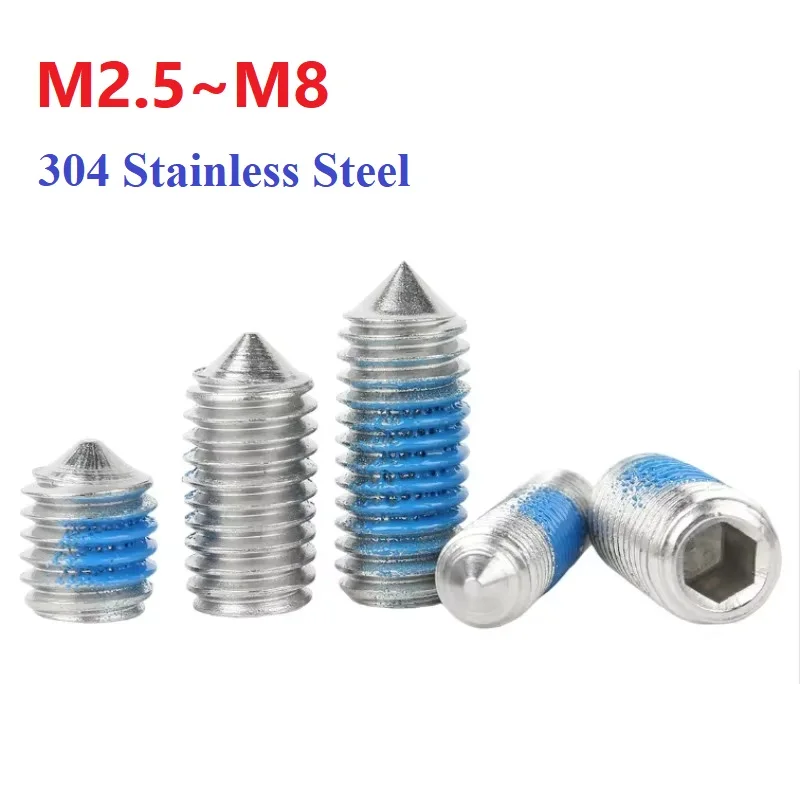 Blue Dispensing Anti-Loosening Screws 304 Stainless Steel M2.5 M3 M4 M5 M6 M8 Headless Hexagon Cone Point Set Screw