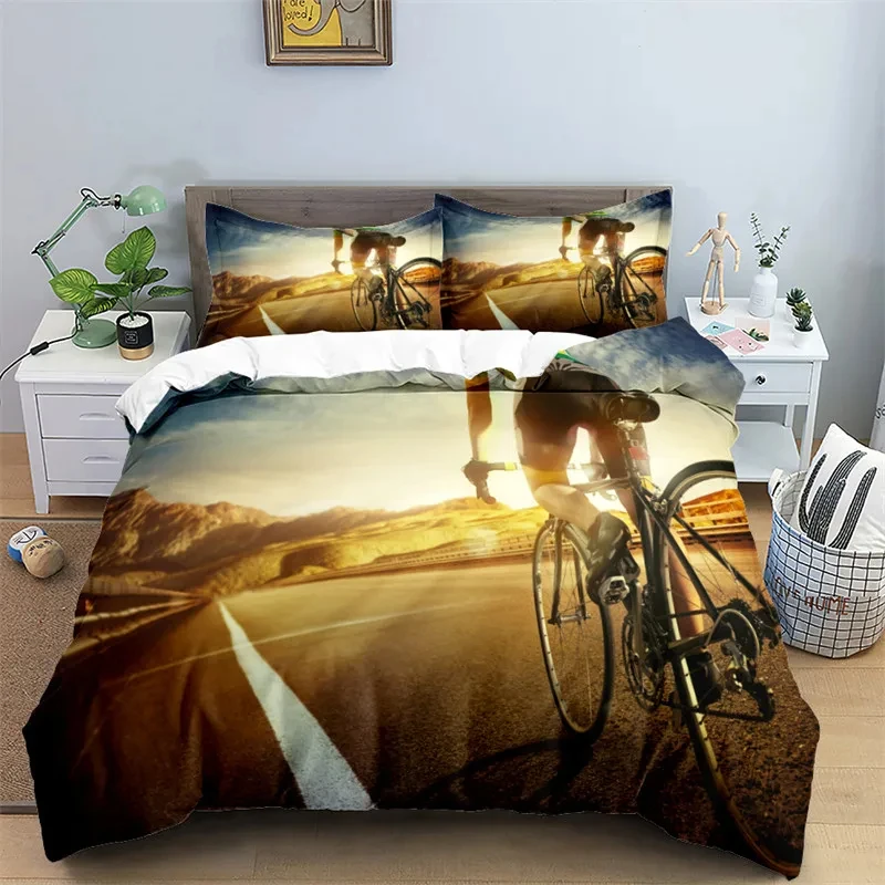 

Bike Cycling Print Bedding Set Sport Style Duvet Cover Mountain Bike Quilt Cover With Pillowcases King For Teen Adult Room Decor