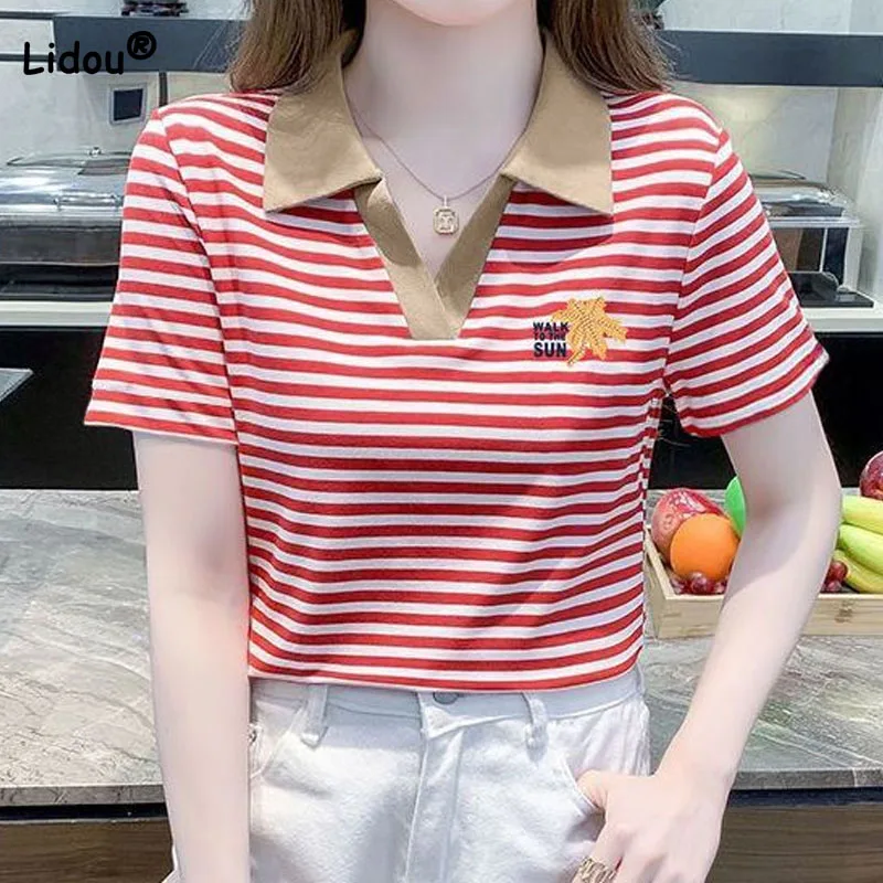 

Fashion All-match Striped Printed Polo-Neck Tops Women's Clothing Summer Embroidery Spliced Casual Short Sleeve T-shirt Female