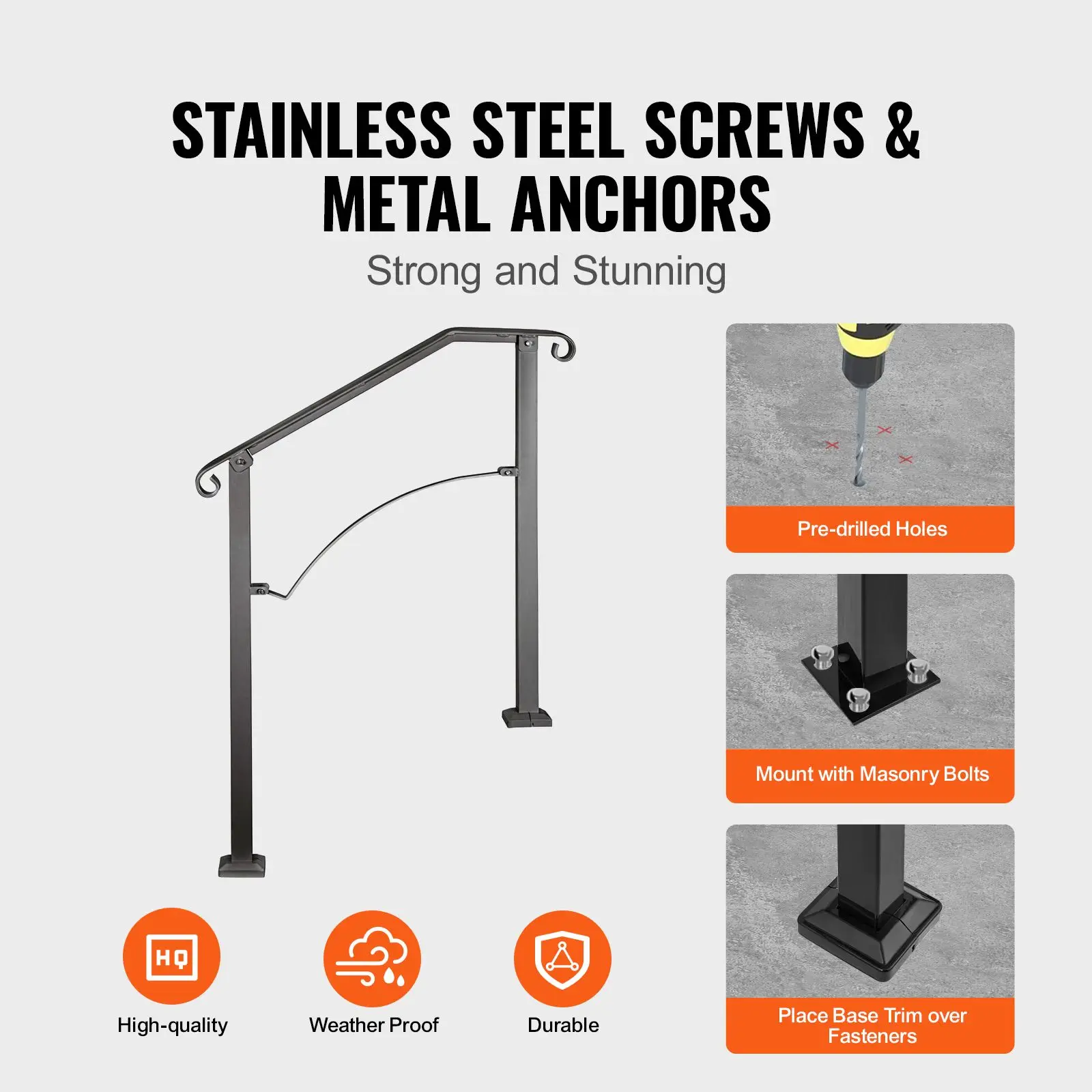 Handrails for Outdoor Steps, Fit 2 or 3 Steps Outdoor Stair Railing, Arch#2 Wrought Iron Handrail, Flexible Porch Railing