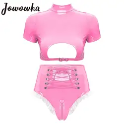 Womens Glossy Wet-look Lingerie Set Patent Leather Bra Top with High Waist Zipper Crotch Underwear Sexy Pole Dancing Clubwear