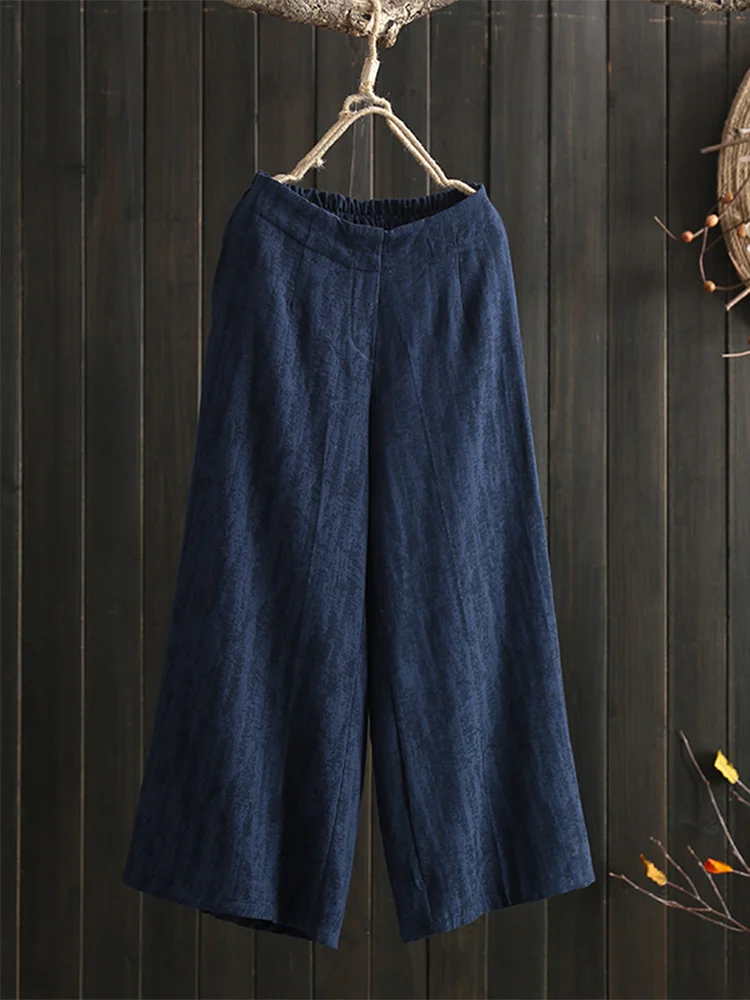 Pantalones de pierna ancha de lino de algodón para mujer, sueltos, talla grande, cintura elástica, color retro, bordado, drapeado, lino informal, nueve puntos...