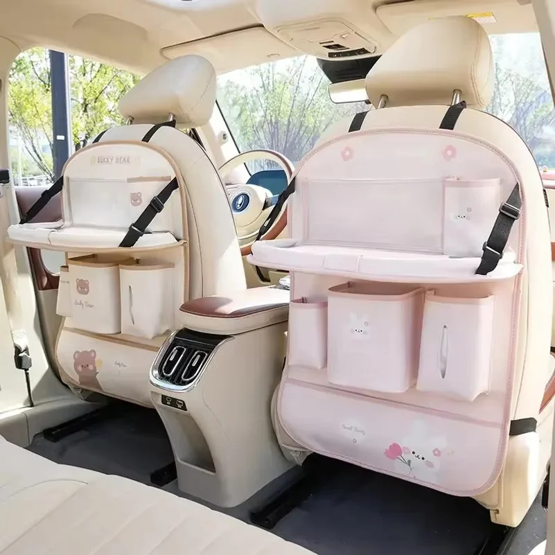 Leather Deluxe Car Seat Back Organizer Multi-Function Storage Foldable Dining Table Tray Anti-Kick Pad Decorative