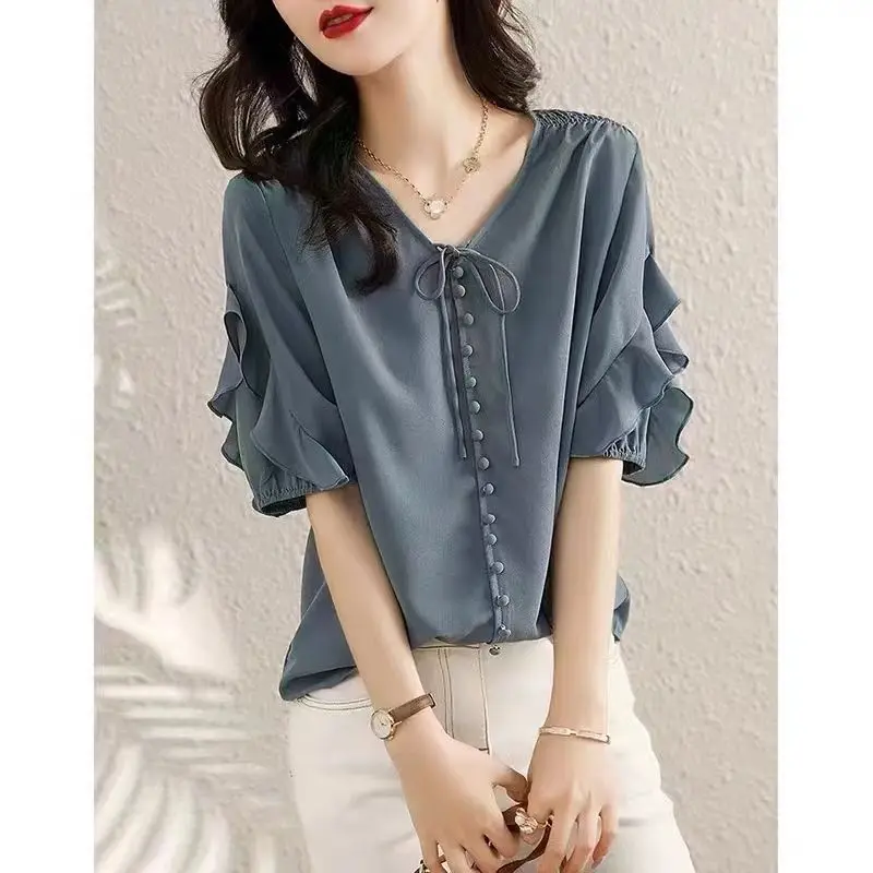 2024 summer New Short sleeved Chiffon Shirt for women\'s Beautiful Fashion Lace up Loose Slimming Ruffle Edge Versatile Top