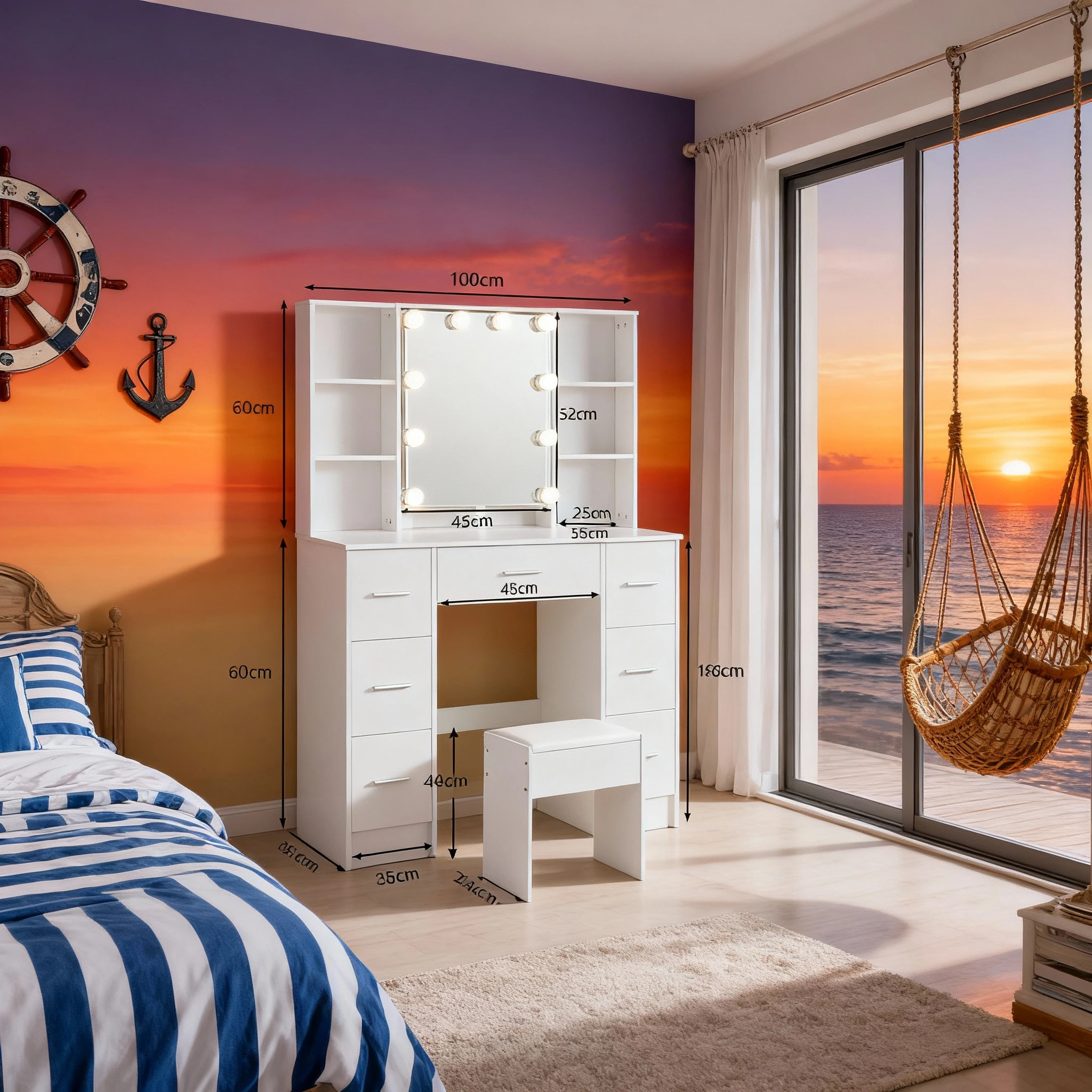 طاولة مكياج خشبية بيضاء مع مرآة LED و7 أدراج