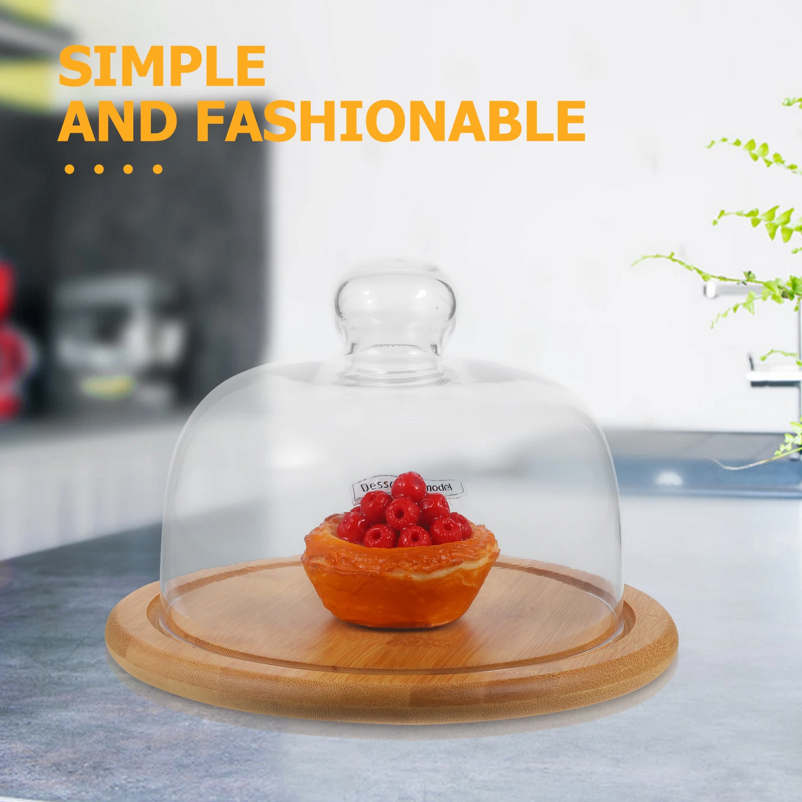 

1 pc Cake Stand Bamboo Tray Glass Cover Dessert Plates Bread Pan Serving Platter Hygienic Food Protector Sturdy Household Snack