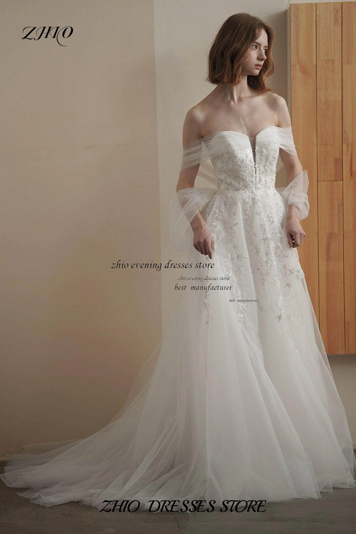 ZHIO Индивидуальные милые тюлевые свадебные платья для женщин, невесты в стиле бохо, трапециевидной формы, большие размеры, с открытыми плечами, кружевное свадебное пляжное платье