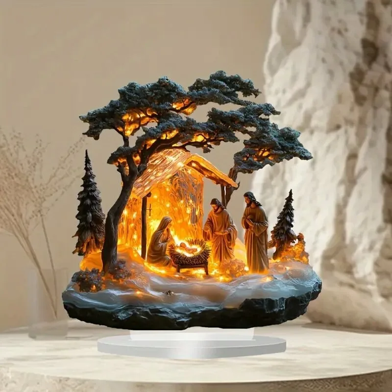 Nativity Scene Ornament Transparent Nativity Table Accessory Acrylic Xmas Centerpiece Glossy 2d Flat Christian Decoration