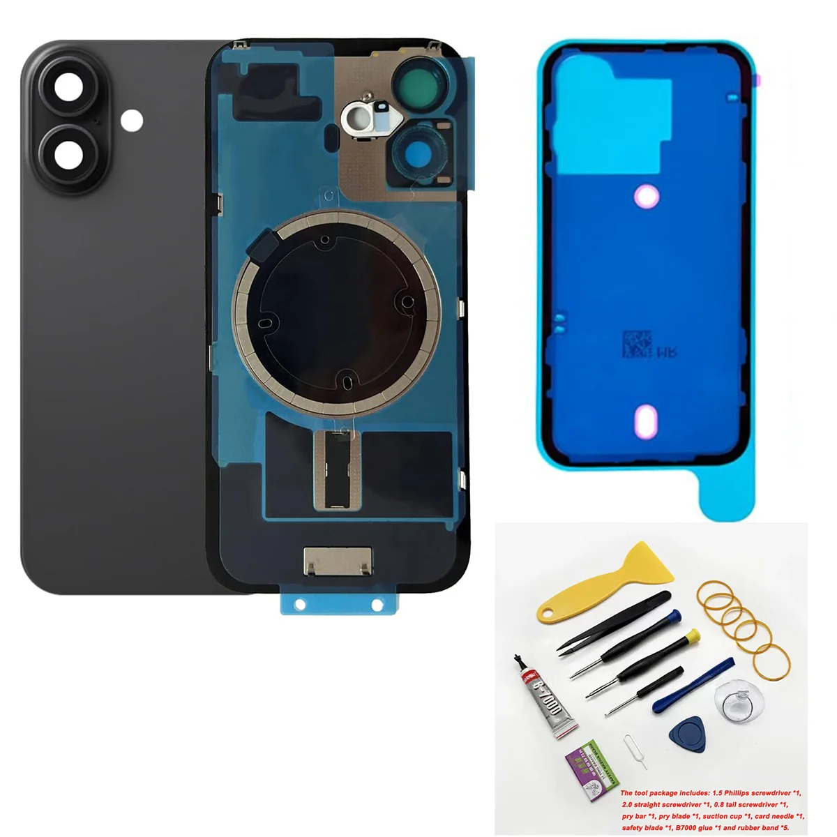 Для замены заднего стекла iPhone 16 plus, оригинальный размер с объективом камеры, магнитами + профессиональный набор инструментов для ремонта