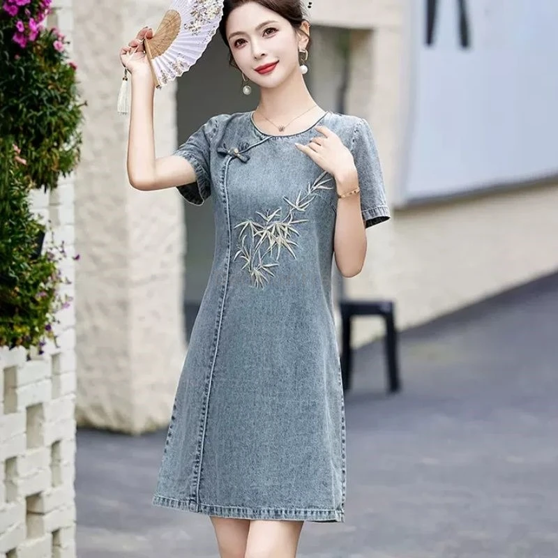

2025 daily denim qipao new chinese style bamboo embroideried improved cheongsam vintage elegant leisure round neck qipao dress