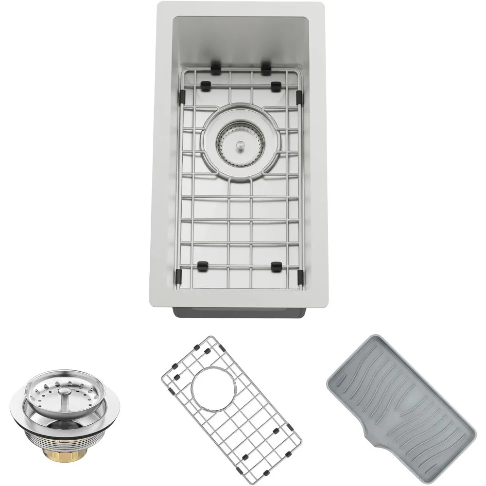 

10x18 Inch Stainless Steel Small Kitchen Bar Sink Single Bowl Drop In Undermount RV Prep Sink with Bottom Grid Soap Mat and