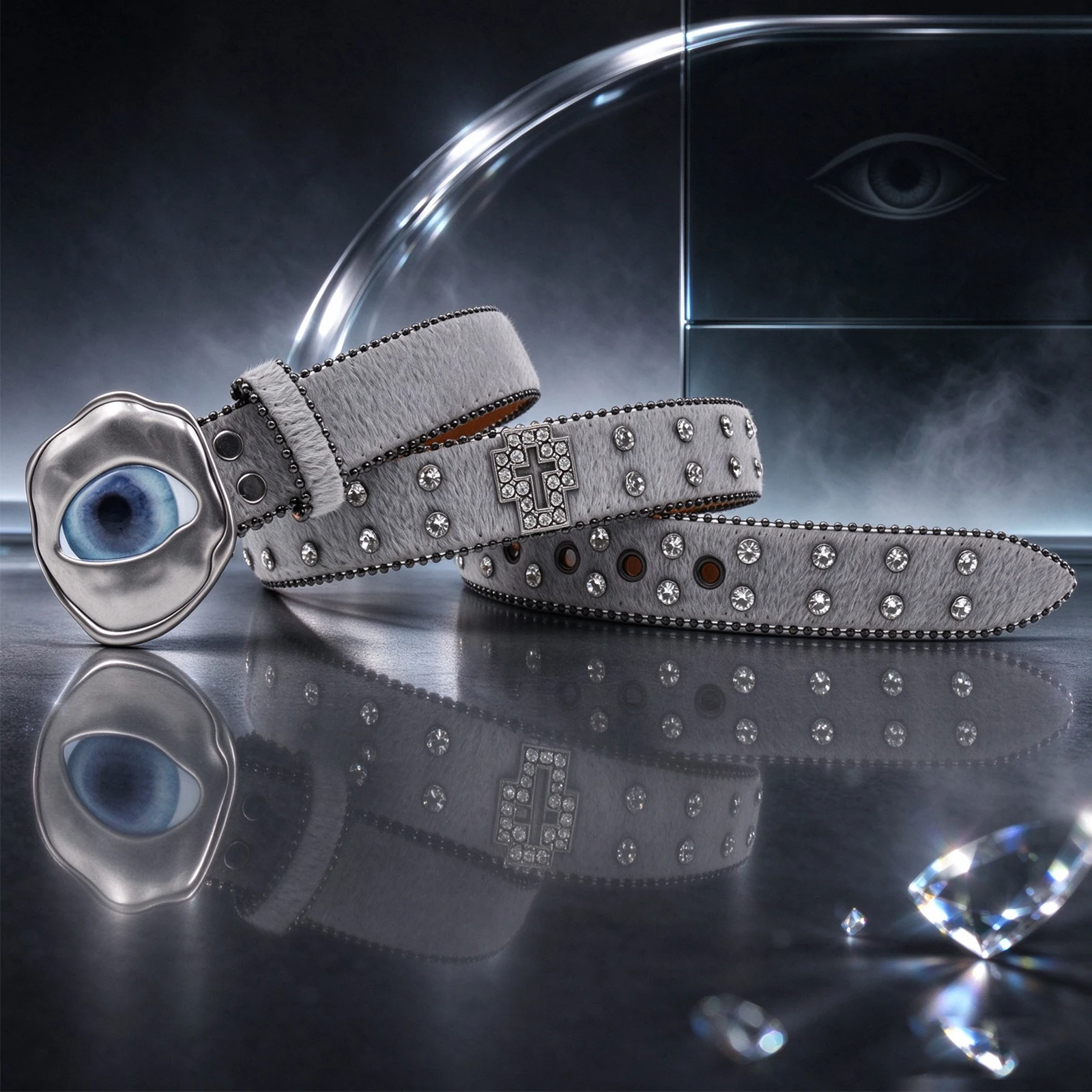 Western Cowgirl Punk Horse Hair Belt Eyeball Metal Buckle Bling Rhinestone Cross Studded Adjustable Belt