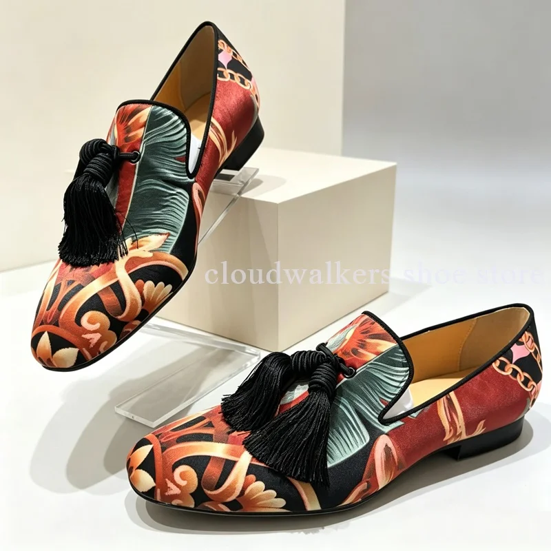 Men Vintage Floral Satin Loafers Black Tassel Decor Colorful Tropical Print Slip On Flat Dress Shoe Luxury Soft Silk Fabric Shoe