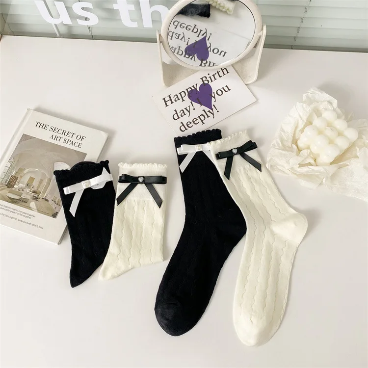 Women's Socks Spring Summer New Socks Bow Socks Thin Wave Line Sock Mid-tube Sock Fashion Trend Simple Breathable Thin Mesh Sock