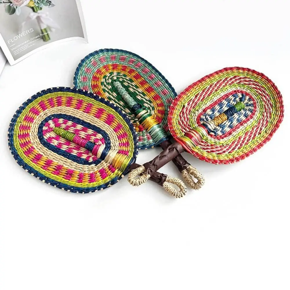 

Colorful Striped Patterns Seagrass Woven Fan Bohemian Anti-Mosquito Hand Braided Fan Lightweight Portable