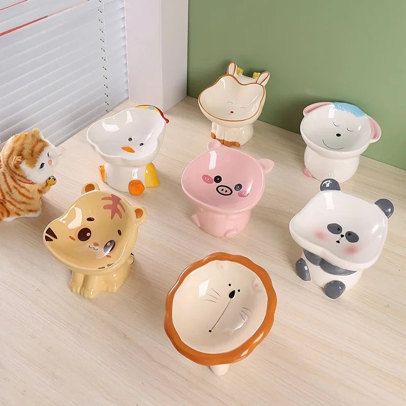 Fashion Cartoon Lion Cute Pet Bowl Eramic High Foot Neck Protection Feeder Multi-purpose Water and Food Container Cat Dog Bowl