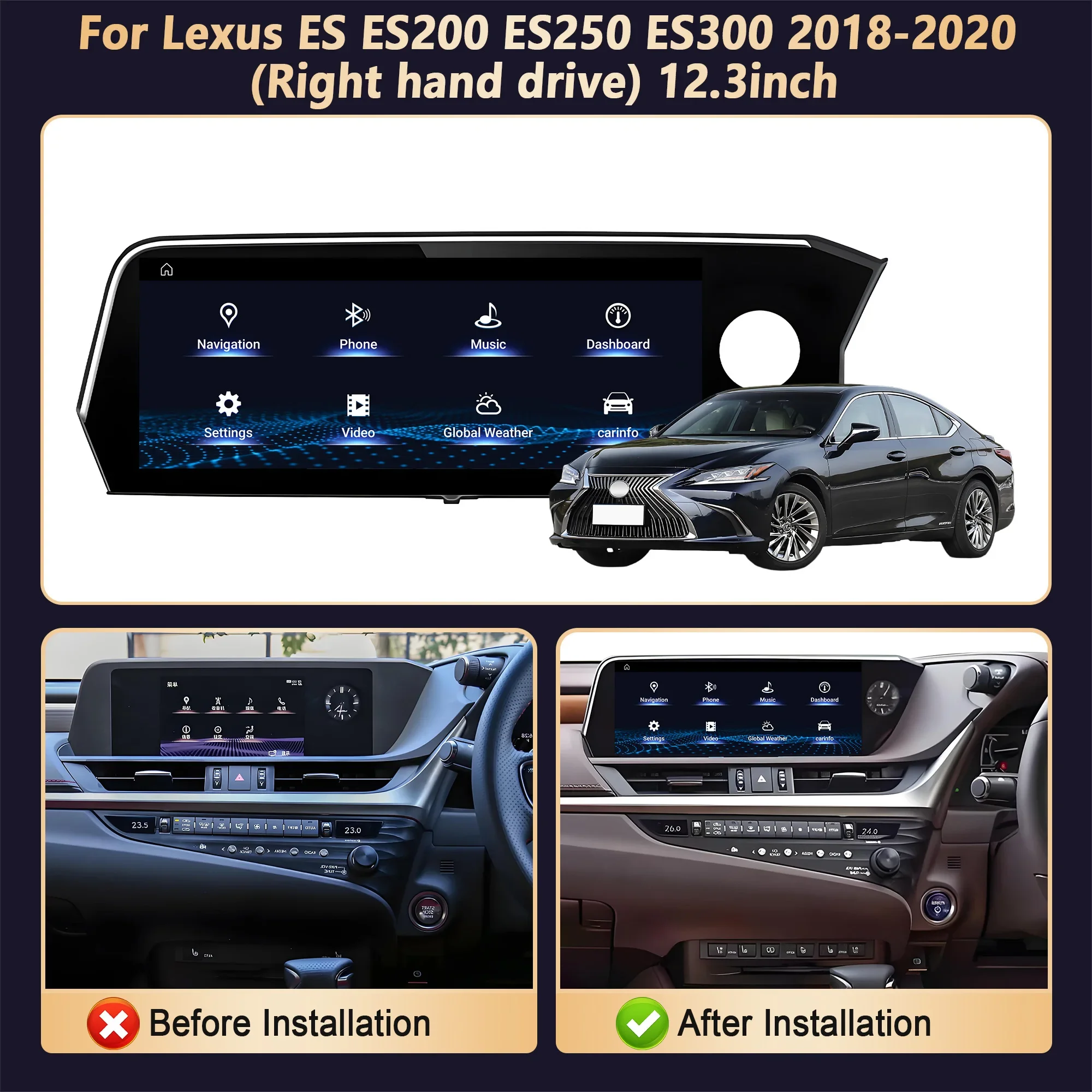 12.3 inch Right Hand Drive Android 14 For Lexus ES ES200 ES250 ES300 2018-2020 Wireless Carplay Snapdragon 685 Car Radio Screen