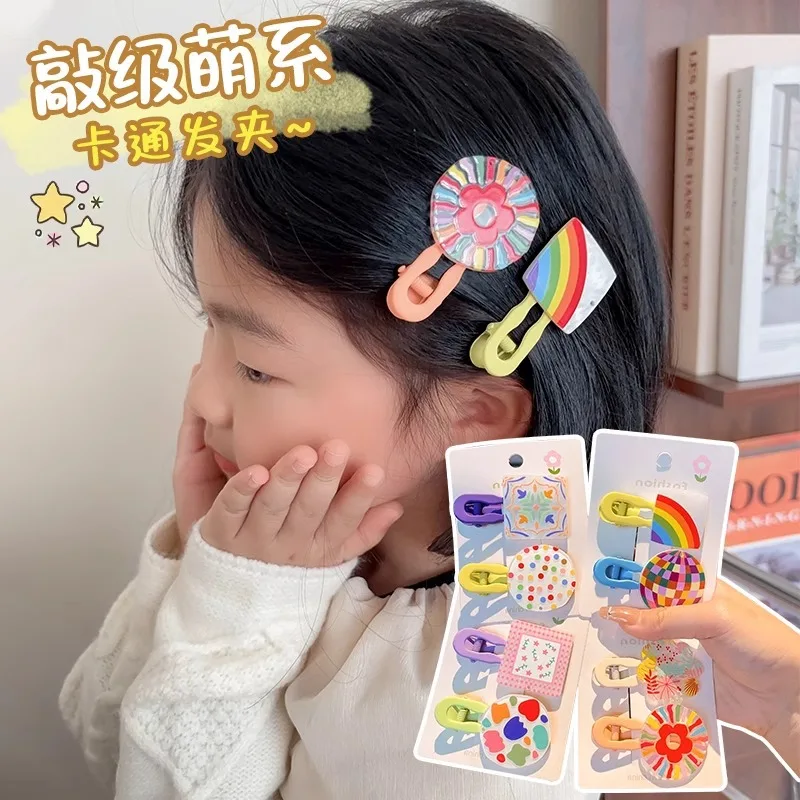 2Pcs/Set Cartoon Children Hairpin Geometric Hair Accessories Rainbow Colorful Glossy Cute Flower Head Barrette Girls Headdress