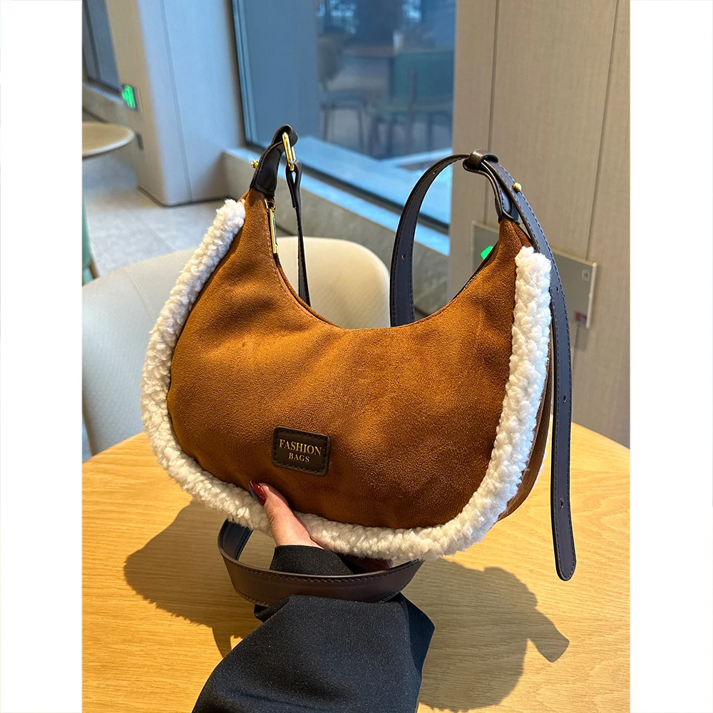 Retro Women\'s Lamb Woolen Suede Shoulder Bags 2023 Winter New Trend Plush Patchwork Underarm Pack Designer Ladies Crossbody Bags