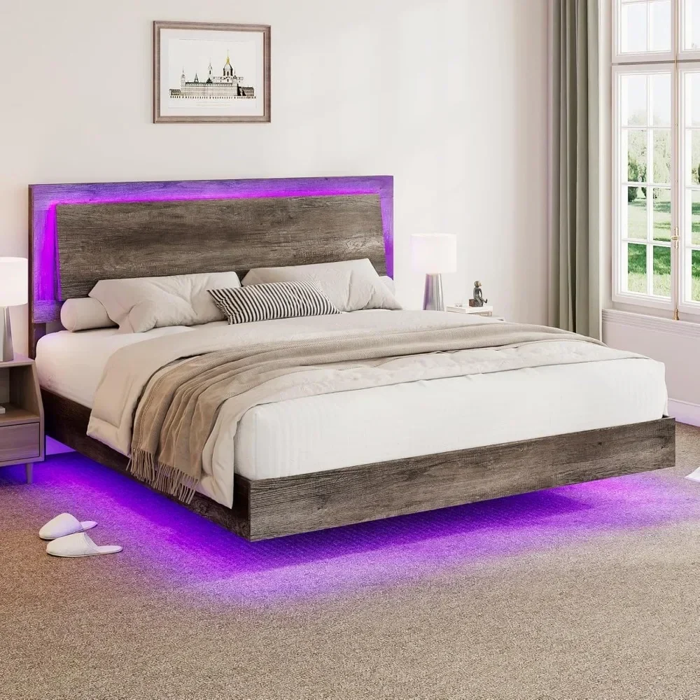 

King Size Bed Frame with LED Light & Headboard, No Box Spring Needed, Noise Free, Farmhouse Floating Platform Bed Frame