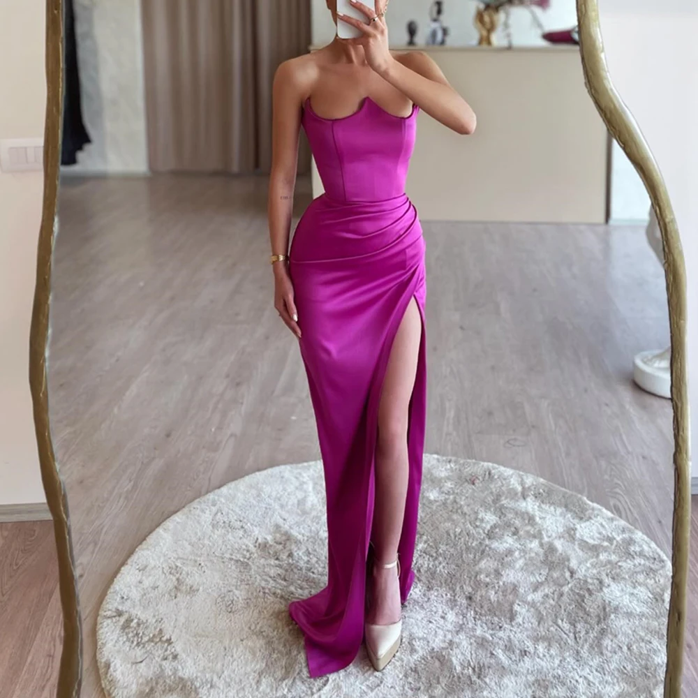 Customized Temperament Satin Straight Side Slit Evening Dress Delicate Floor Length Strapless vestidos para mujer