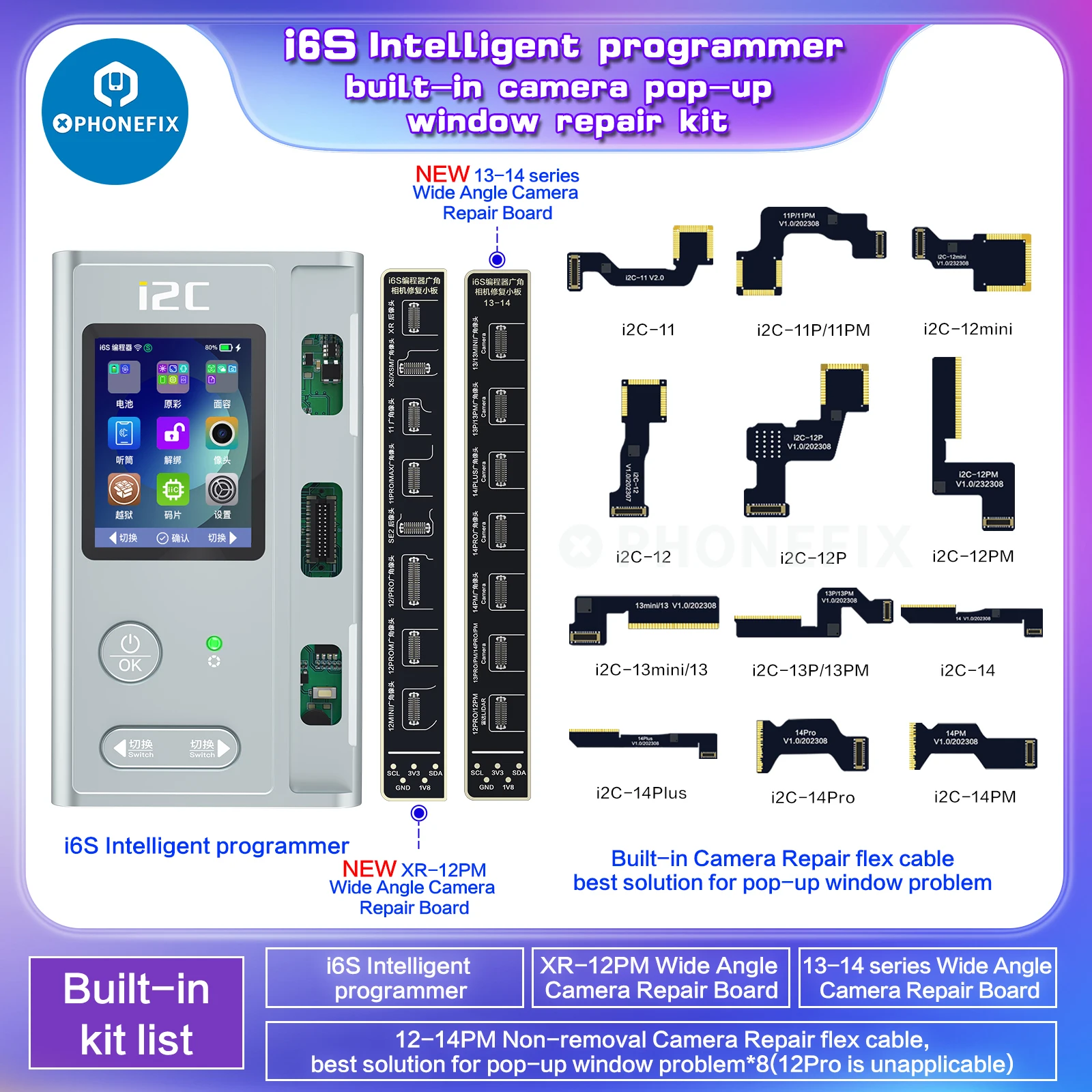 Cable flexible de reparación de cámara trasera integrada I2C I6S para iPhone 11 a 14 Pro Max, elimina partes desconocidas, Mensaje de cámara importante, advertencia