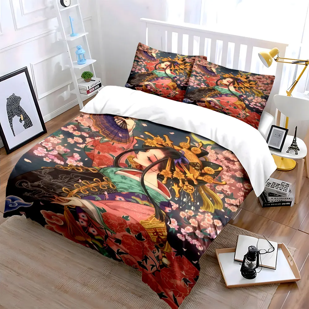 Elegant kimono-clad woman amidst cherry blossoms Duvet Cover Set Digital Print Colorful Polyester Bedding with Zipper