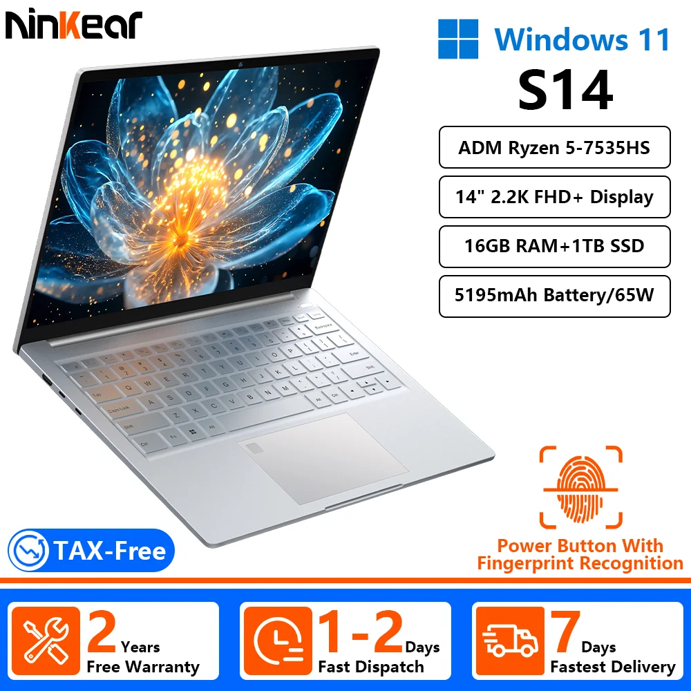 Portátil Ninkear S14 con AMD Ryzen 5 7535HS, Pantalla de 14 Pulgadas 2.2K 100% sRGB, 16GB de RAM + 1TB SSD, Wi-Fi 6, Bluetooth 5.3, Windows 11 Pro, Batería de 60Wh, Carga de 65W