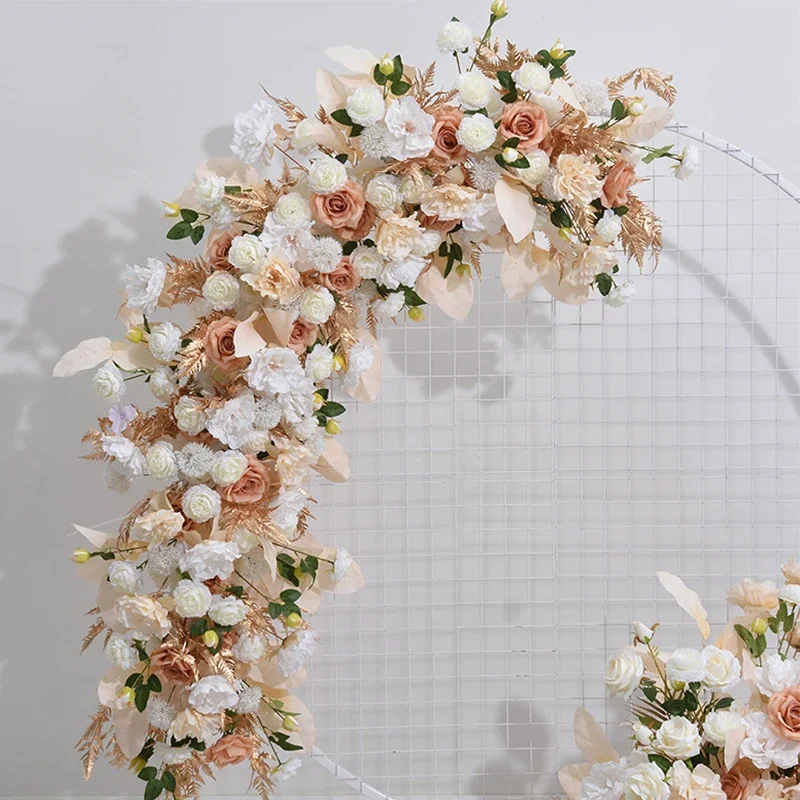 Gold Leaf Champagne Rose Artificial Flower Row Wedding Backdrop Arch Decor Hang Floral Road Lead Flower Ball Wedding Decoration