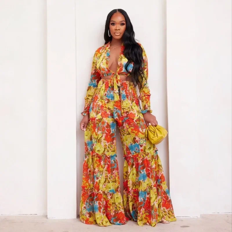 

GUWU Autumn Floral Print Women's Set Long Sleeve Ruffles Shirt Top and Lantern Wide Leg Pants Two 2 Piece Set Tracksuit