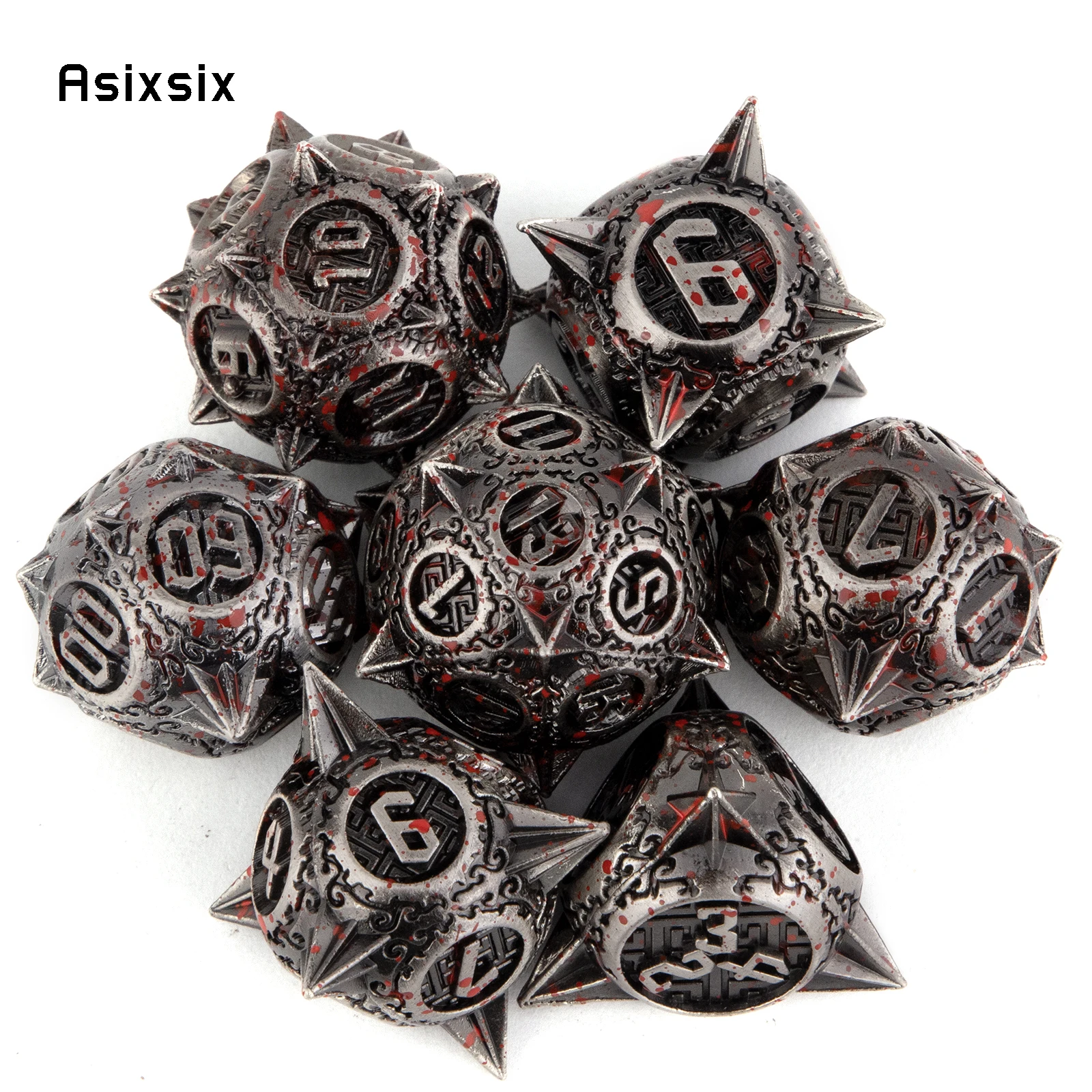 7 Pcs Silver Red Meteor Hammer Metal Dice Solid Metal Polyhedral Dice Set Suitable for Role-Playing RPG  Board Game Card Game