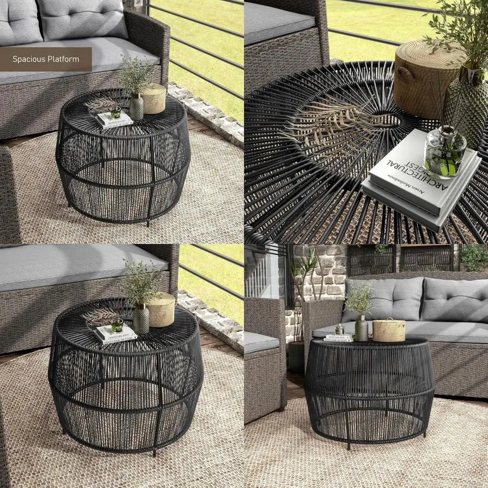 

Round Rattan Outdoor Coffee Table, Weather-Resistant Metal, Handcrafted for Patio, Poolside, Garden, Yard, Black