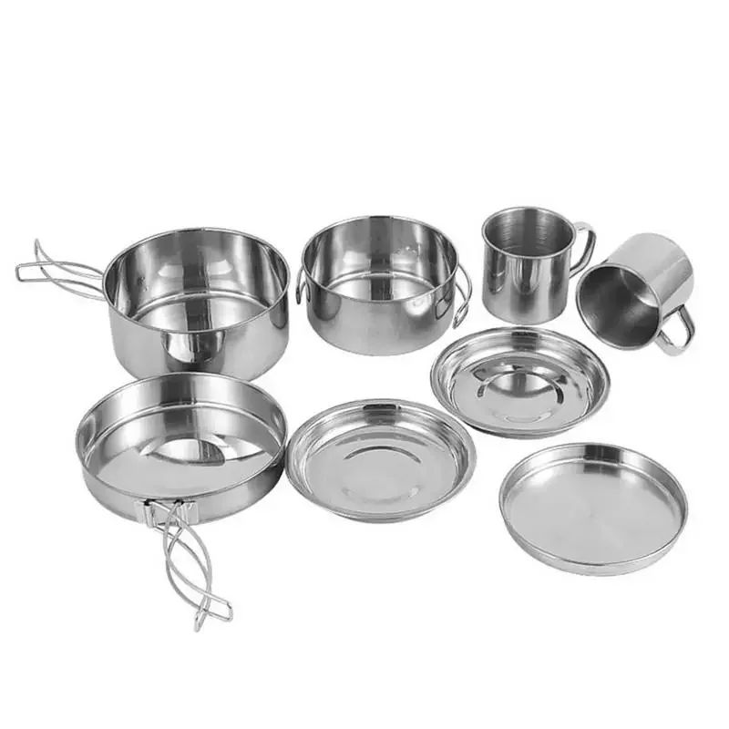 8pcs/set Stainless Steel Outdoor Camping Cookware Set Portable Ultralight Picnic Hiking Cooking Pot Bowl Kit Camping Supplies