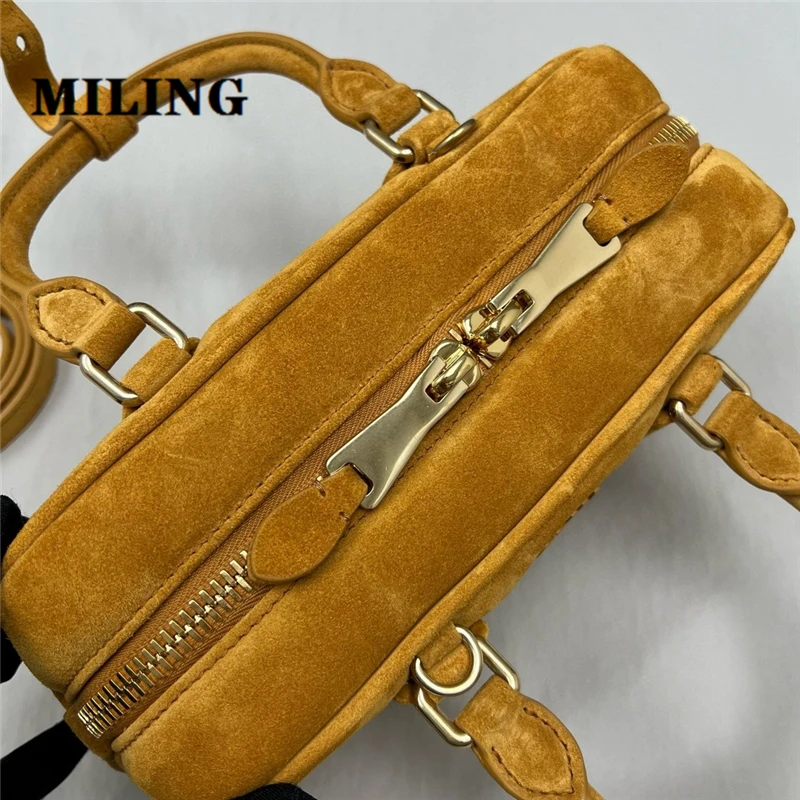 Women Suede Leather Bowling Bag Retro Style Single Shoulder Bag Female British College Style Tote Bag Leather Top-handle Handbag