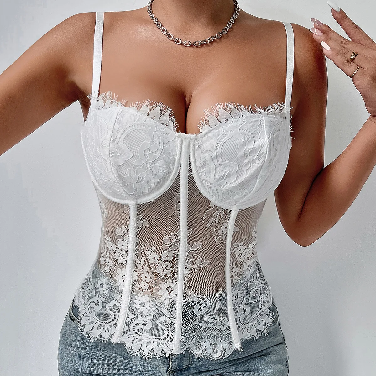 

Sexy White Tops Lace See-through Corset Summer Women Sleeveless Halter Tank Top Back Buckle Slim Bustier Vest Lingerie Camisole