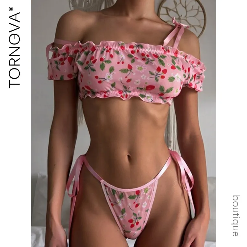 

Tornova Cute Pink Erotic Lingerie Panty 2PCS Women Cherry Printing One Shoulder Body Shaping Pure Desire Romantic Underwear Set